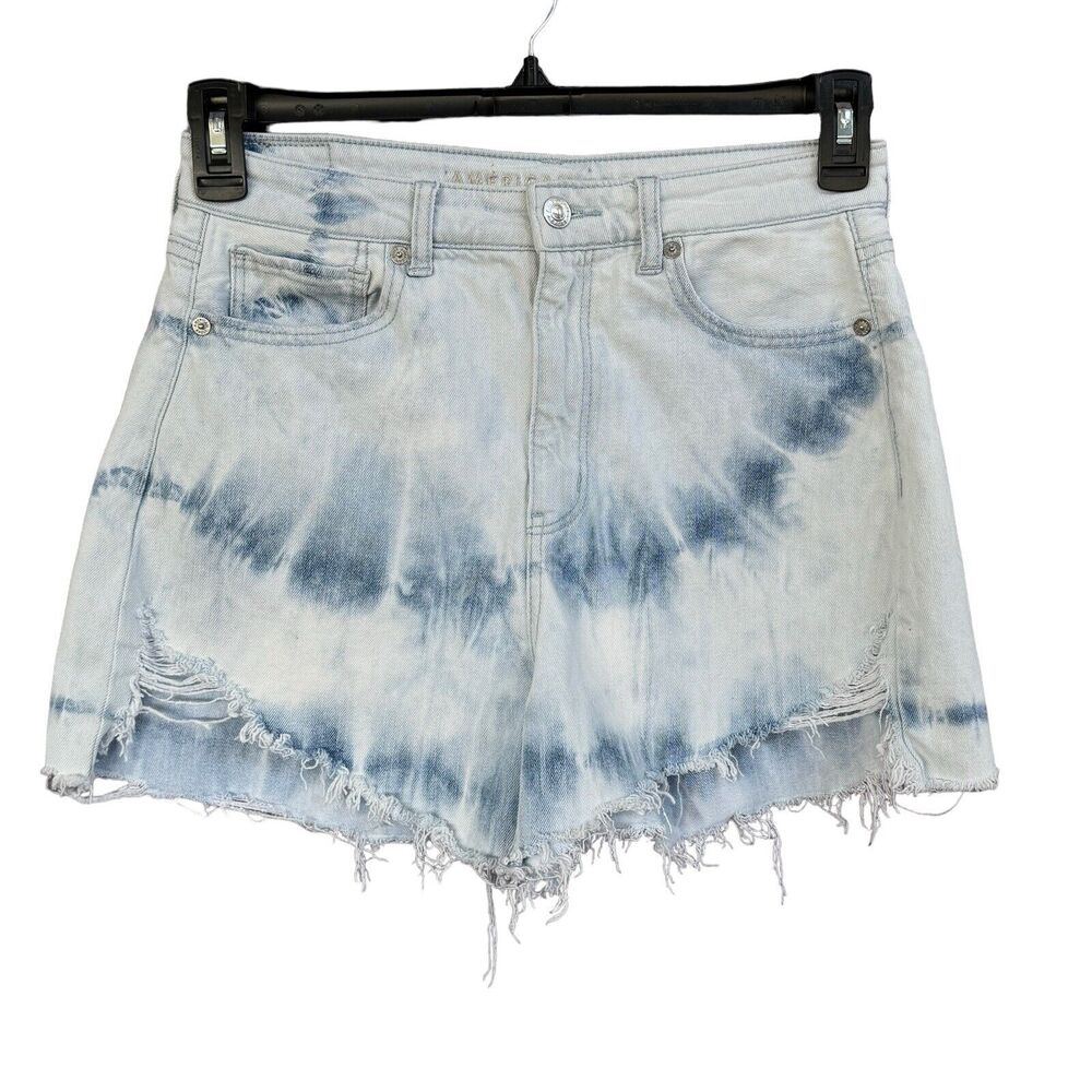 American Eagle SZ 6 Mom Jean Shorts Highest-Rise Tie-Dye Frayed Hems Light Wash